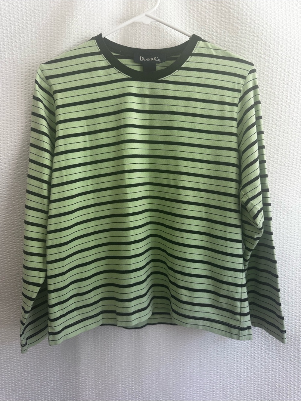 Denim & Co Women’s Green Black Striped Long Sleeve Cotton Top Size Medium